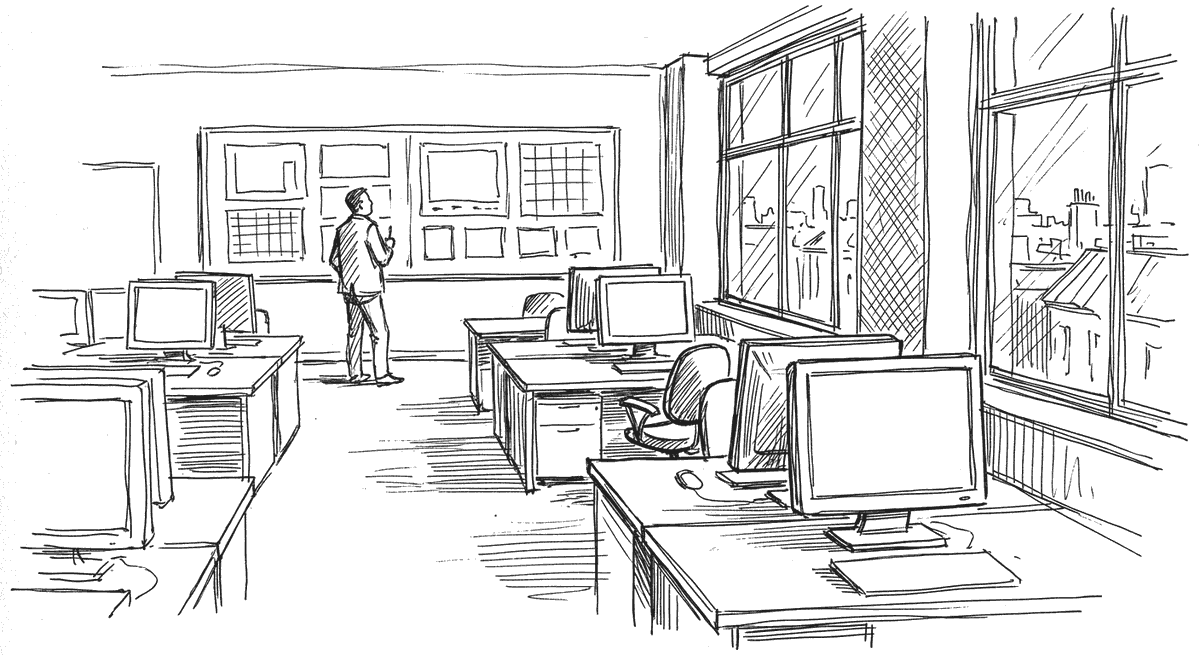 Ink drawing of a quiet reporting floor: a bank of desks with monitors, a figure standing at a large wall display of empty chart frames, and tall windows onto a rooftop skyline.