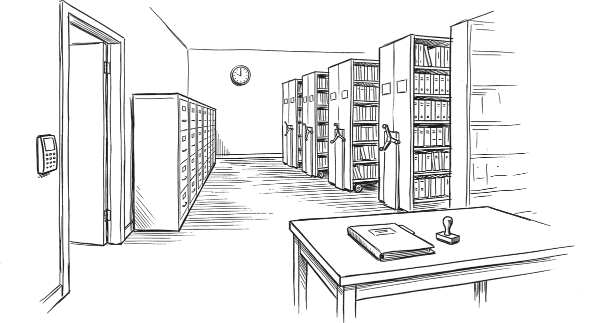 Ink drawing of an unmarked records room: rows of tall filing cabinets and archive shelving, a plain table with a closed folder, a wall clock and a card reader by the door.
