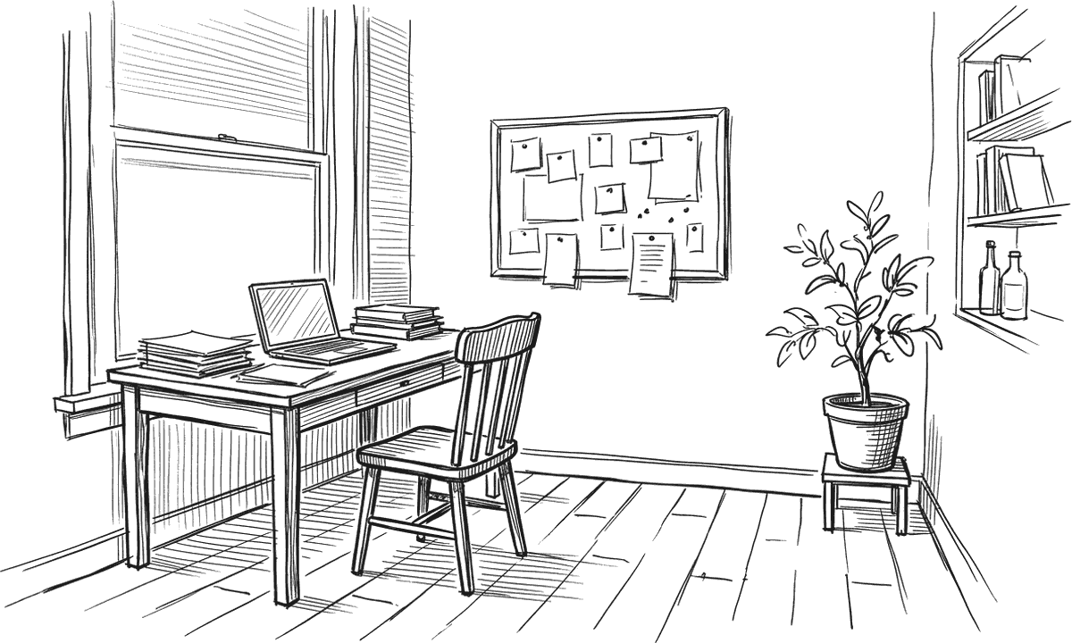 Ink drawing of a small independent office early in the morning: one desk at a tall window with a laptop and papers, a pinboard of cards on the wall, a single chair and a plant in the corner.