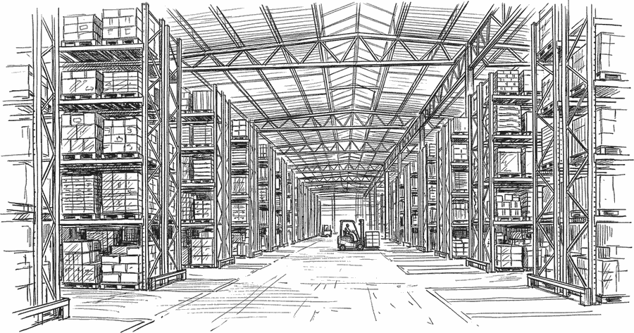 Ink drawing of a warehouse interior: tall racking, stacked pallets, a forklift in the aisle and a mezzanine office overlooking the floor.